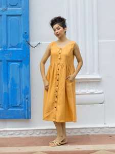 Combinaison mi-longue en lin/coton jaune moutarde, col en V, manches bouffantes, style doux, avec poches pour femmes, occasion de Noël - Product Image 4