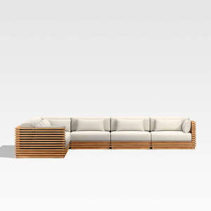 Modern Appearance Batten Natural Teak 7-Piece L-Shaped Outdoor Sectional Sofa with <b>Oat</b> Cushions - Product Image 6