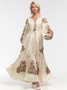 Brodé Travail Boho Lady Resort Soirée Robe Blanche Style Bohème Mexicain À Manches Longues Luxueux Floral Maxi Robe Mexicaine - Product Image 6