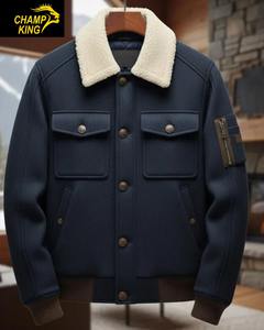 Chaqueta Bomber de Lana Azul Marino para Hombre, Abrigo de Invierno Hecho a Mano con Cuello de Borrego Blanco, de la Marca Champ King - Product Image 1