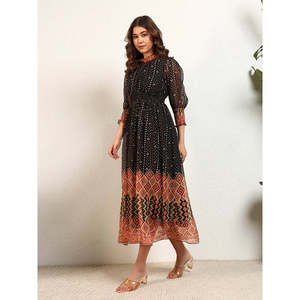 Deebaco Women's Boho Maxi <b>Dress</b> Bandhani Print Chiffon Lantern Sleeve High Neck Loose Fit Sheer Layer All Seasons Casual - Product Image 3