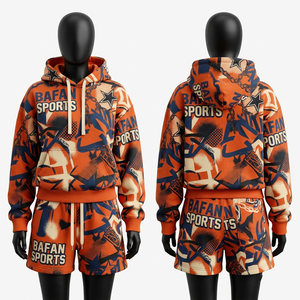 ชุดเซ็ตฮู้ดดี้และกางเกงขาสั้นผ้าฟลีซเนื้อนุ่มผสมคอตตอนโพลีเอสเตอร์ 330 GSM สำหรับผู้หญิง สีส้มกรมท่า พิมพ์ลายสตรีท พร้อมโลโก้สั่งทำพิเศษ - Product Image 6