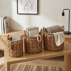 Ensemble de paniers de rangement en écorce de bananier naturelle avec cadre en fer, poignée en chevron tressé, pot cylindrique, décoration artistique pour la maison - Product Image 4