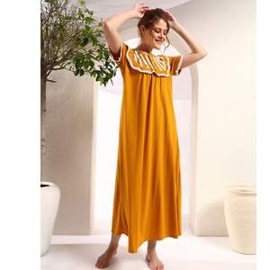 Camisón de Encaje 100% Algodón para Mujer, Manga Media, Largo Completo, Tejido Transpirable, Cuello Redondo, Liso, Elegante, Primavera Otoño - Product Image 1