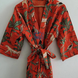 Indian Hand Printed Cotton Bathrobe Unisex Sleepwear Robe Tiger Print Cotton Kimono - Product Image 1