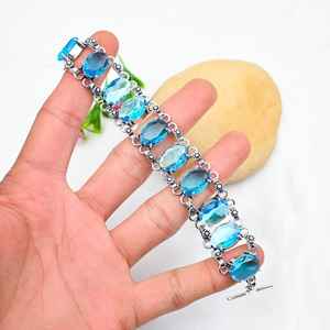 Pulsera de Topacio Azul, Plata de Ley 925, Joyería de Plata Hecha a Mano, Pulsera de Piedras Preciosas, Regalos de Boda y Cumpleaños para Ella - Product Image 2