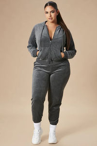 Ensemble de survêtement en velours pour femmes, taille plus, vente en gros, 2 pièces, polyester/coton, sport de gym - Product Image 2