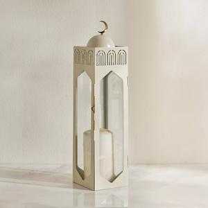 Elegante Lámpara de Ramadán de Metal Blanco con Paneles de Vidrio, Diseño Alto con Luna Creciente, Brillo Suave de Vela para Decoración Moderna del Hogar - Product Image 4