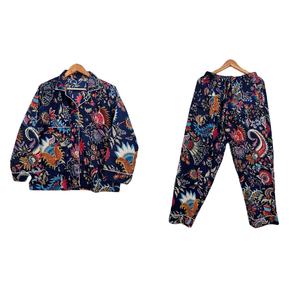 Conjunto de pijama de algodón puro con estampado de bloques hecho a mano para mujer, ropa de dormir con cuello en V, traje de noche suave y cómodo para el verano - Product Image 1