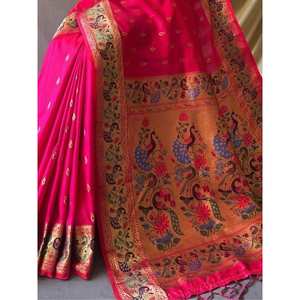 Impresionante Sari Clásico de Seda Paithani Rosa Rani con Blusa Hecha de Tela de Algodón Suave - Product Image 3