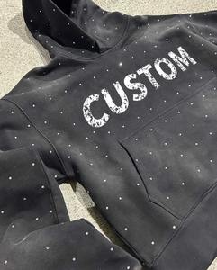 Haute qualité vêtements pour hommes Streetwear Hip Hop lavage à l'acide strass à capuche personnalisé soleil délavé surdimensionné pull noir hommes sweats à capuche - Product Image 4