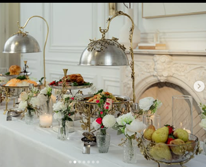 จานสแตนเลสสตีลลายดอกไม้ทำจากโลหะเงินที่ใช้อุ่นอาหารถาดวางคุกกี้และเค้ก - Product Image 6