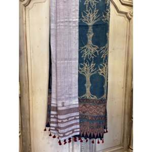 Handloomed Double Sided Quilted <b>Wool</b> and Silk Wrap Ajrakh Design Tree of Life/Sienna Geometric - Product Image 4