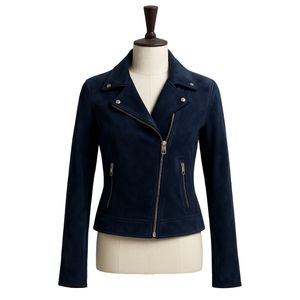 Chaqueta de Motociclista para Hombre, Modelo Vega, Cierre de Cremallera, Gamuza Azul, Estilo Casual Inspirado en Celebridades, Prenda Exterior Elegante, Servicio OEM Disponible - Product Image 1