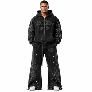Sudadera con capucha extragrande Brothers Bond para hombre, de algodón French Terry, color negro lavado con pedrería y diseño de bolsillo. - Product Image 5