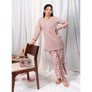 ชุดเซ็ตผ้าฝ้ายพิมพ์ลายบล็อกสีขาวสำหรับผู้หญิง  ใส่ได้ทุกวัน  แบบสองชิ้น  ไซส์ XXS XS XL  ดีไซน์สองชิ้น - Product Image 1