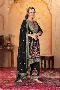 Nouvel arrivage de costume lourd pakistanais Salwar Kameez Sharara Plazzo couleur noire créateur de mode tenue de fête de mariage traditionnelle - Product Image 5