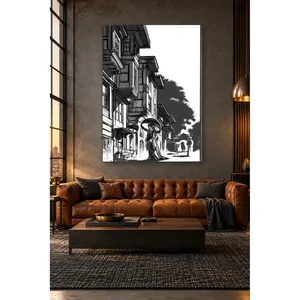 Impression sur toile Fida : Maisons avec baie vitrée noir et blanc et femme avec parapluie - Product Image 1