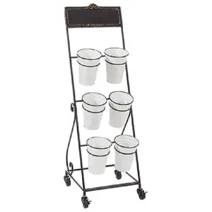 Decorative Metal Rolling Cart With 6 Removable Metal Pots Buckets White with 4 Wheel Decorative Metal Planter with Stand