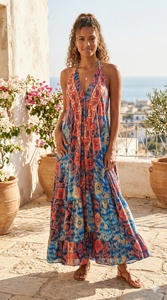 เดรสผ้าไหมพิมพ์ลายดอกไม้/ลายเรขาคณิตทรงเอไลน์ คอวี ยาวคลุมเท้า สไตล์โบโฮลำลอง สำหรับสุภาพสตรี ดีไซน์สวยงาม เหมาะสำหรับใส่ในวันสบายๆ ฤดูใบไม้ผลิ/ฤดูใบไม้ร่วง - Product Image 3