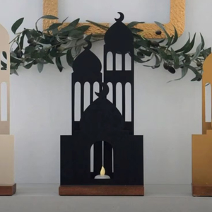 Black Mosque Candle Holder Islamic Ramadan Decor Wooden Base <b>Lantern</b> Style Eid Mubarak Table Ornament Muslim Home Decoration - Product Image 1