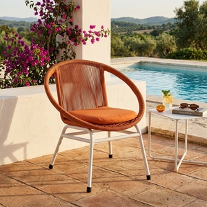 Silla de exterior tejida naranja con estructura de metal blanco, silla de comedor de cuerda, silla de patio con cojín, diseño artístico decorativo - Product Image 4
