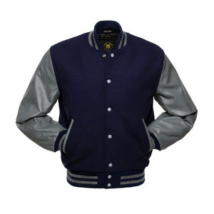 Blouson aviateur universitaire manches gris-bleu marine Veste Letterman avec manches en cuir Veste universitaire letterman - Product Image 1
