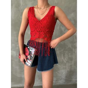 Haut bustier brodé en dentelle à col en V et ourlet à franges rouges TOPSHOW pour femme - Lingerie et vêtements en gros - Product Image 3