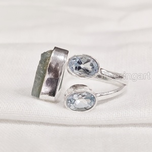 Joyería de piedra en bruto, anillo de mujer, aguamarina Natural, piedra preciosa cruda, piedra natal de marzo, joyería de piedra Triple, anillo de Plata de Ley 925 - Product Image 4