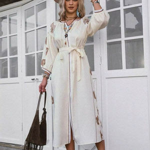 Vestido Maxi Casual para Mujer con Mangas Abullonadas Bordadas, Cintura Natural, 100% Algodón Tejido, Lavable, Colección de Verano - Product Image 1