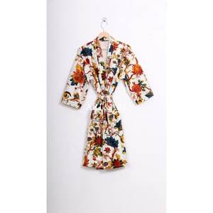 Women Sexy Vintage Printed Cotton Bathrobe in Hand Block Floral Design Summer Spring Season - Product Image 5