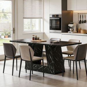 Table à manger rectangulaire en bois massif, mobilier de salle à manger stable, assemblée, avec plateau en pierre frittée et marbre - Product Image 6