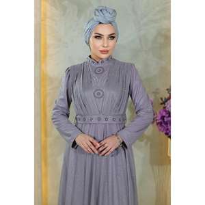 Vestido de Noche Casual Lila MSW19188-5, Vestido de Gala Drapeado con Mangas Cortas, Largo hasta el Suelo, 100% Poliéster Natural - Product Image 2