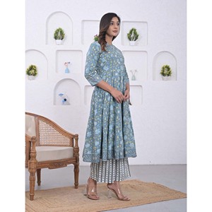 ชุดกูร์ตะอานาร์กาลีสีน้ำเงินทะเล ผ้าฝ้ายเนื้อหนักและผ้าไหมปักลาย ผ้าเน็ตสไตล์ชาติพันธุ์ ชุดปาร์ตี้แบบสัลวาร์ คามีซ ตัดเย็บสำเร็จ - Product Image 4