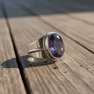 Bague en argent sterling avec améthyste naturelle, faite à la main, moderne, ovale, pour femmes, bijoux de naissance de février - Product Image 2