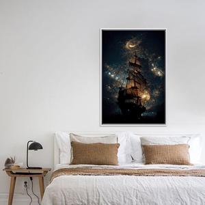 Printed <b>Canvas</b>: Pirate Ship Adventure Art, Galaxy Sailing Poster,WHITE <b>FRAMED</b> <b>CANVAS</b> - Product Image 1