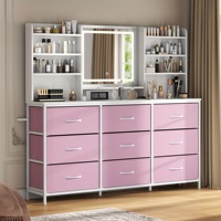 Table de maquillage OEM avec un miroir spacieux, équipée de neuf tiroirs en tissu et de huit étagères de rangement pour femmes et filles