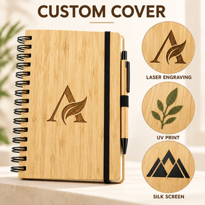 Carnet à spirales LABON personnalisé en bambou avec couverture en PU, format A5, logo gravé au laser, pages vierges, bande élastique, porte-stylo, cadeaux OEM - Product Image 2