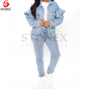 แจ็กเก็ตผ้ายีนส์สีน้ำเงินสำหรับผู้หญิงเดรสแฟชั่น2ชิ้นแขนระบายและกางเกงยีนส์ - Product Image 5