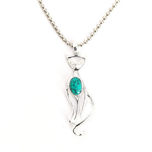 Pendentif en pierre précieuse turquoise motif chat, en argent 925, cadeau pour toutes les occasions et usage quotidien - Product Image 1