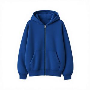 Sweat-shirt à capuche unisexe bleu uni de haute qualité, fermeture éclair intégrale, molleton épais et chaud, coupe oversize 430g, anti-plis, séchage rapide, OEM 100% - Product Image 3