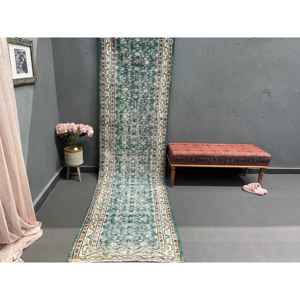 2.9x10.7 ft Rug, Vintage Turkish <b>Runner</b> Rug, <b>Green</b> Wool Rug - Product Image 1