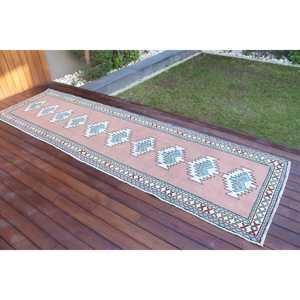 Turkish Vintage <b>Runner</b> Rug 2.9x10.2 ft, <b>Red</b> Blue Check Wool Rug - Product Image 2