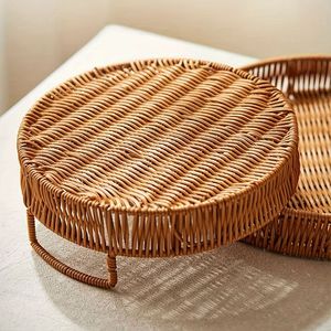 Plateau en rotin de bambou fait main plateau en rotin avec poignée tissé à la main rond haut mur plateaux de séparation des aliments multi-usages - Product Image 2