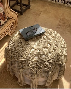 Puf de macramé bohemio hecho a mano, asiento acolchado de algodón puro suave, taburete redondo de decoración Bohemia para sala de estar - Product Image 6