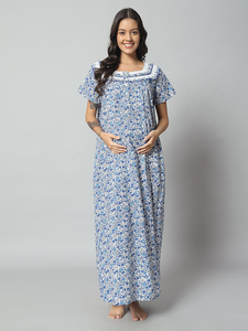 Camisón de Maternidad de Algodón 100% para Mujer, Manga Media, Largo Completo, Tejido Transpirable, Cuello con Estampado Floral, Elegante para Verano, 300g - Product Image 3