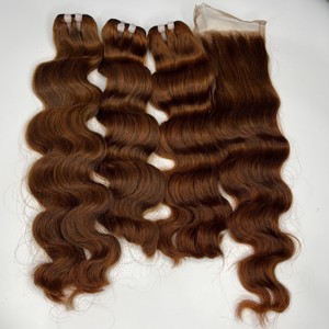 Pelucas de materia prima alineadas con cutículas de onda larga y profunda de doble estiramiento Marrón castaño 1B de grado virgen vietnamita extensiones de cabello humano - Product Image 1