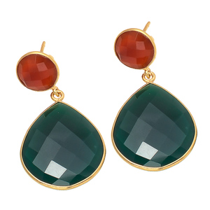 Boucles d'oreilles en argent sterling 925 Vintage Vintage pour femmes plaqué or naturel Hydro Cornaline Vert Onyx Gemstone Drop Dangle - Product Image 1