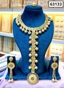 Luxury Gold Finish Double Layer Beaded Long Necklace Set with Shell Pendant, <b>Matching</b> Earrings & Ring 63132 - Product Image 3