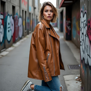 Chaquetas de cuero genuino de ajuste holgado de gran tamaño para Mujer | Chaqueta de cuero de oveja con hombros caídos para mujer - Product Image 2